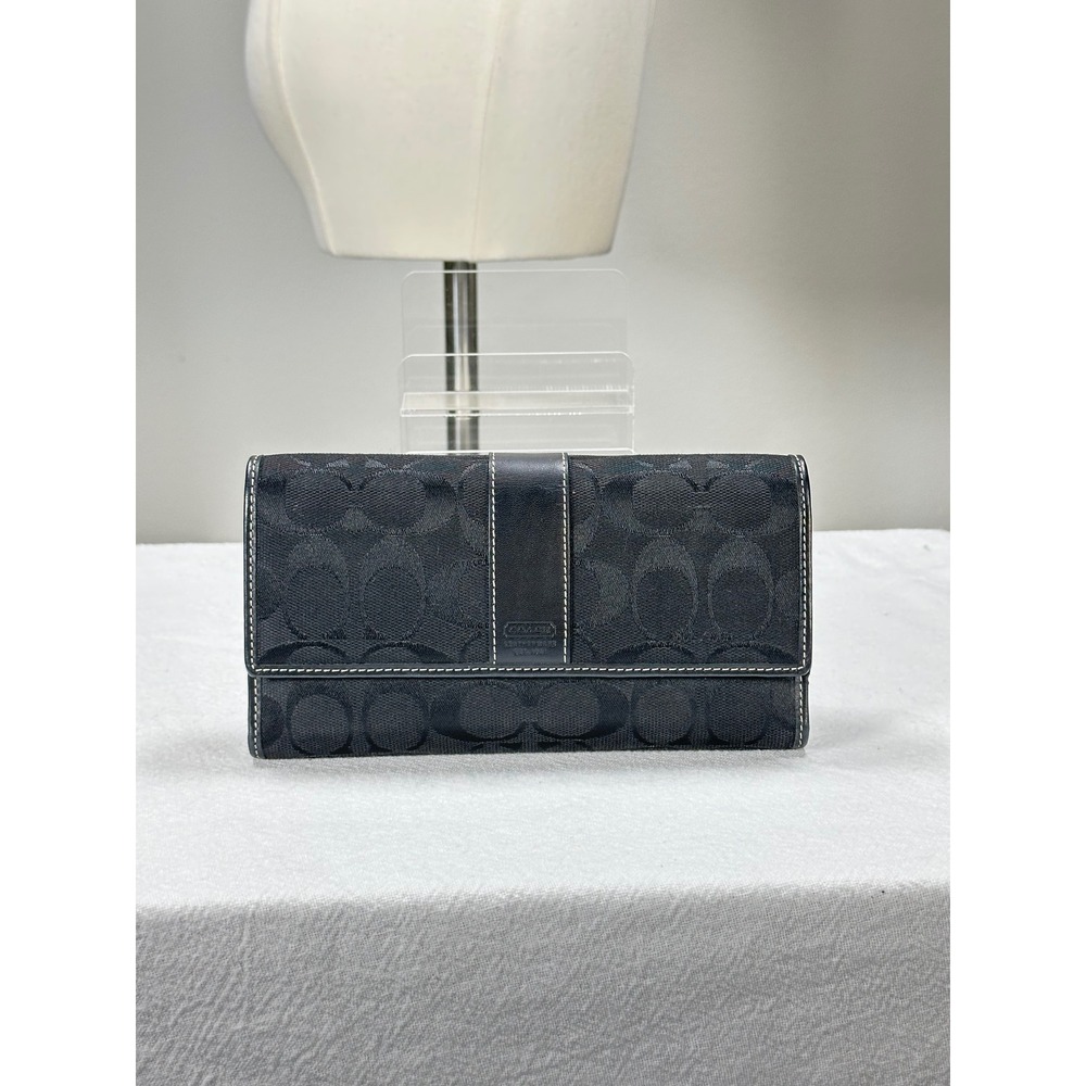 Coach Women's Signature C Jacquard Long Trifold Checkbook Wallet Black Vintage